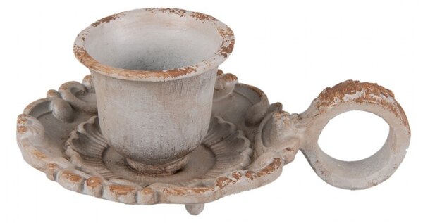 Šedý kovový svícen s patinou – 9x6x4 cm