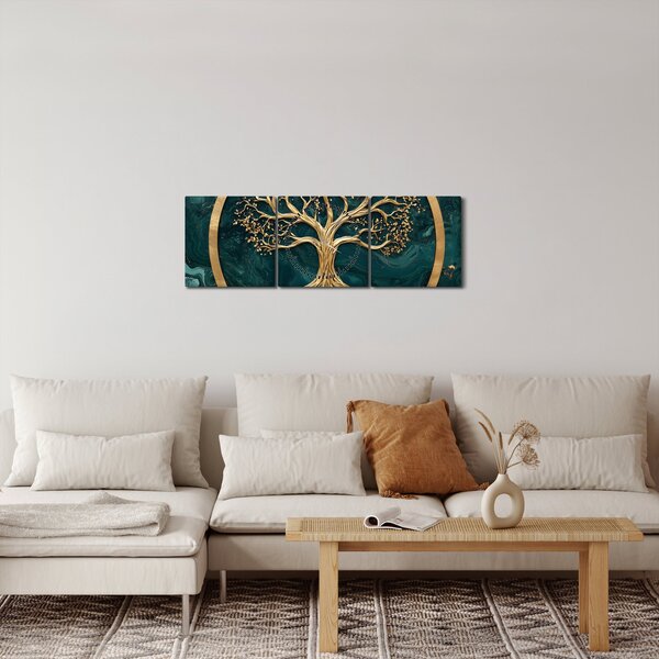 Obraz - Zlatý strom života v mramoru (s hodinami) (90x30 cm)