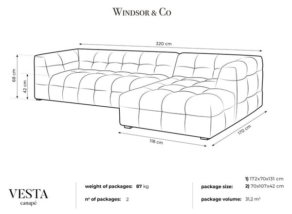 Šedá sametová rohová pohovka Windsor & Co Sofas Vesta, pravý roh