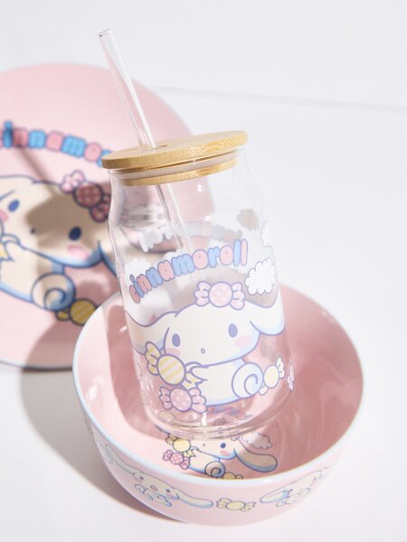 Sinsay - Skleněný hrnek s bambusovým víčkem a brčkem Cinnamoroll - vícebarevná