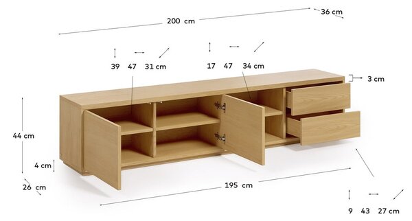 TV stolek v dekoru dubu v přírodní barvě 200x44 cm Abilen - Kave Home