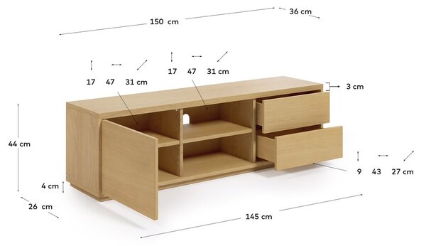 TV stolek v dekoru dubu v přírodní barvě 150x44 cm Abilen - Kave Home