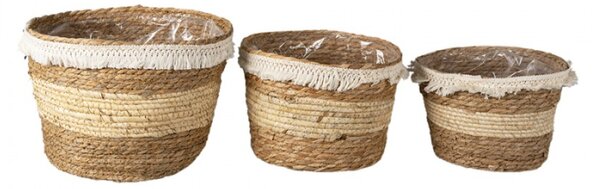 3 ks pletené košíky Gerdina béžovo hnědé s bílými třásněmi – 32x25 / 28x21 / 24x18 cm