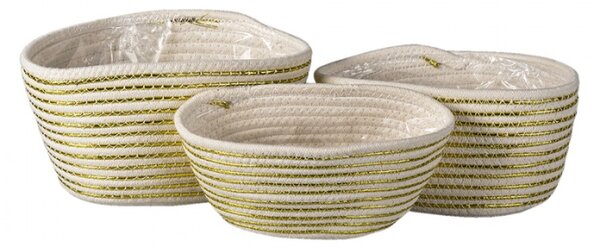 3 ks pletených béžovo zlatých košíků – (3) 28x14x14 / 26x12x12 / 24x10x12 cm
