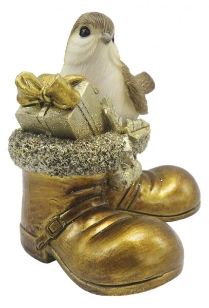 Zlatá antik vánoční dekorace ptáček s dárkem – 10x7x9 cm