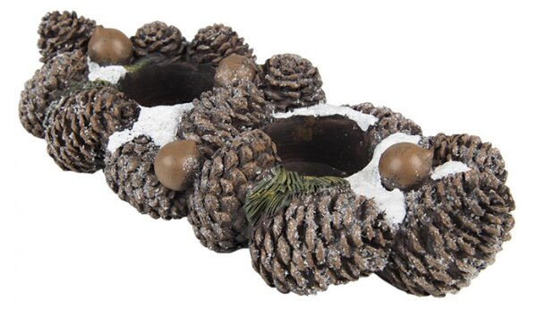 Svícen na 2 čajové svíčky hnědé šišky – 27x11x6 cm