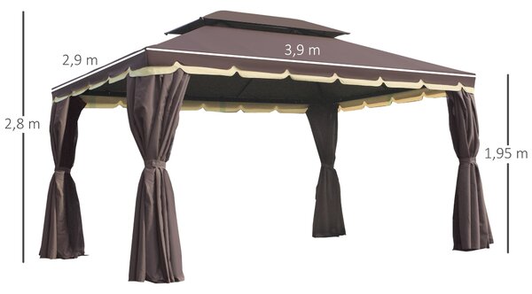 Outsunny 4x3m Hliníkový Zahradní Altán s Ventilačním Střechou, 4 Boční Závěsy, 4 Moskytiéry a 8 Odtokových Otvorů pro Venkovní Akce Hnědá | Aosom