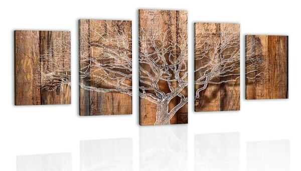 5-dílný obraz strom s imitací dřevěného podkladu