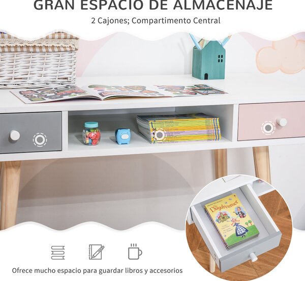 Dětský stůl HOMCOM s 1 otevřenou přihrádkou a 2 šuplíky v severském stylu pro studijní místnost, vstup a ložnici 100x48x76,5 cm v multicolor provedení