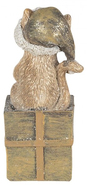 Vánoční dekorativní soška kočky s čepicí na dárku – 5x4x10 cm