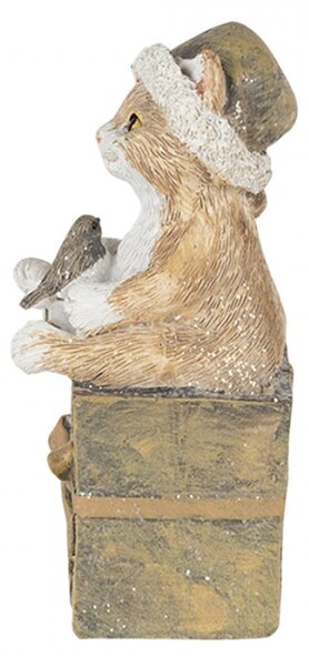 Vánoční dekorativní soška kočky s čepicí na dárku – 5x4x10 cm