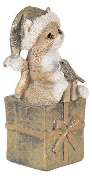 Vánoční dekorativní soška kočky s čepicí na dárku – 5x4x10 cm