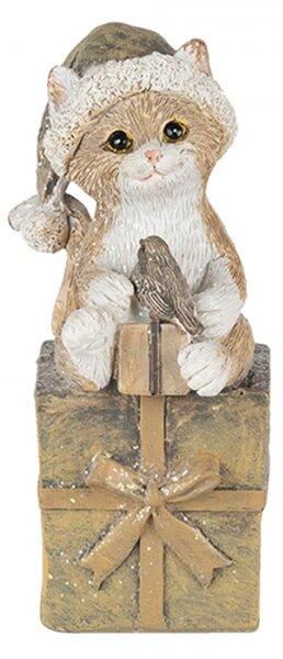 Vánoční dekorativní soška kočky s čepicí na dárku – 5x4x10 cm