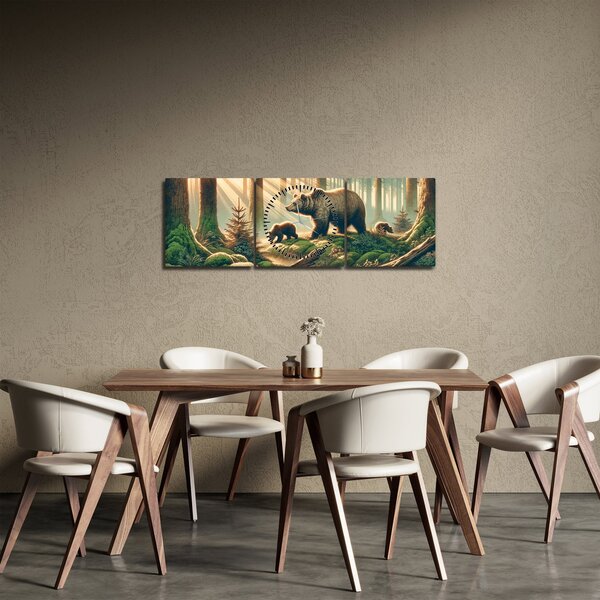 Obraz - Medvědi v lese (s hodinami) (90x30 cm)