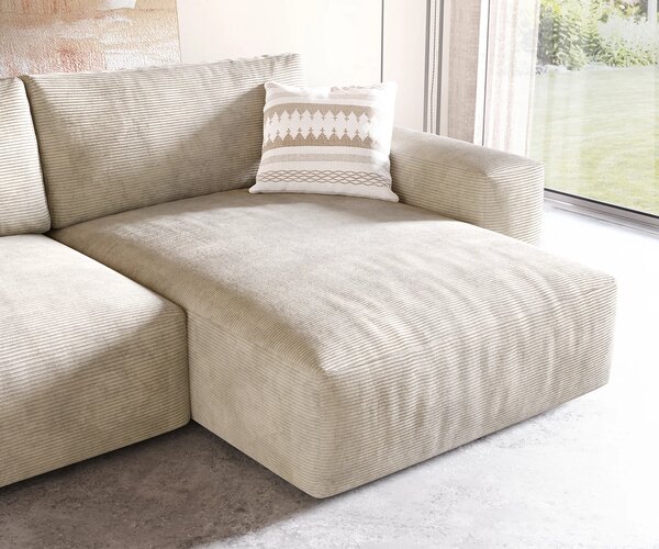 DELIFE Rohová pohovka Lanzo XL 270x180 cm manšestr béžová lenoška variabilní s taburetem