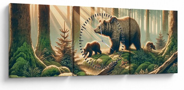 Obraz - Medvědi v lese (s hodinami) (90x30 cm)