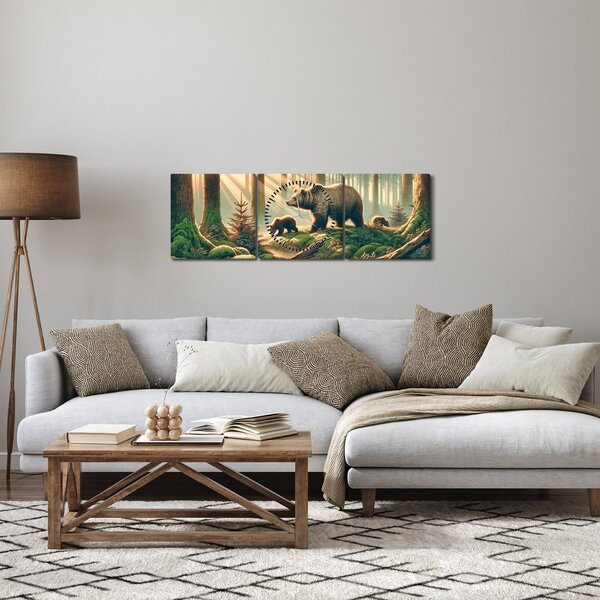 Obraz - Medvědi v lese (s hodinami) (90x30 cm)