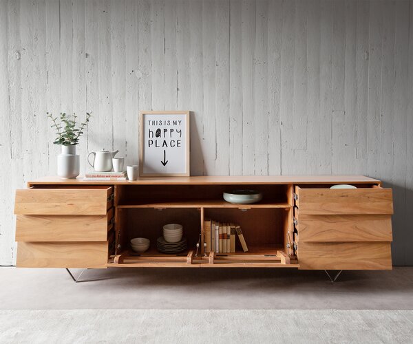 DELIFE Komoda Eloi 240x40 cm akácie přírodní 2 dvířka 6 zásuvek podnož ve tvaru V nerezová ocel