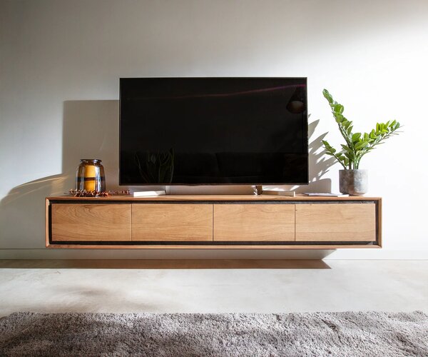 DELIFE TV stolek Stonegrace 200 cm akácie přírodní 4 dvířka kamenná dýha závěsný