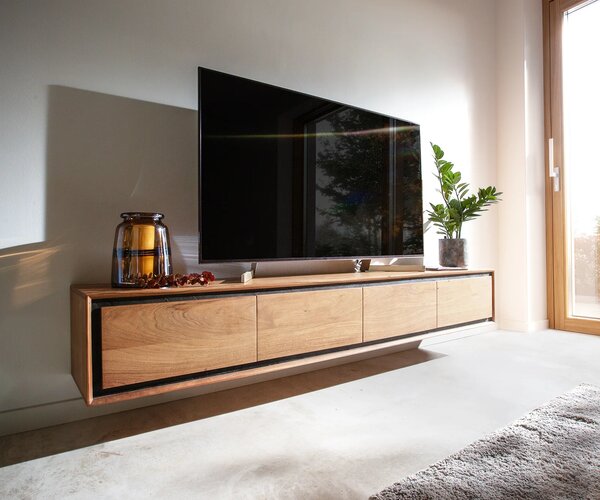 DELIFE TV stolek Stonegrace 200 cm akácie přírodní 4 dvířka kamenná dýha závěsný