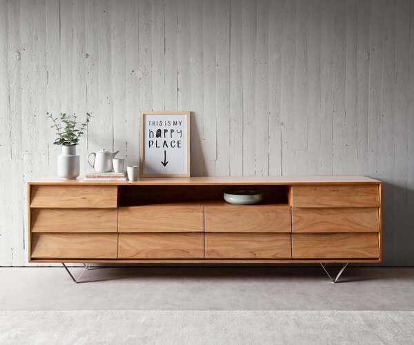 DELIFE Komoda Eloi 240x40 cm akácie přírodní 2 dvířka 6 zásuvek podnož ve tvaru V nerezová ocel