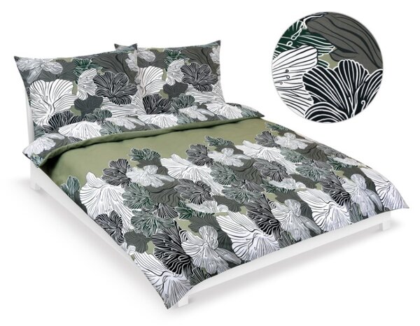 Bellatex Povlečení bavlna na dvoudeku Květ khaki zelená rozměr 1ks 180x200, 2ks 70x90 cm