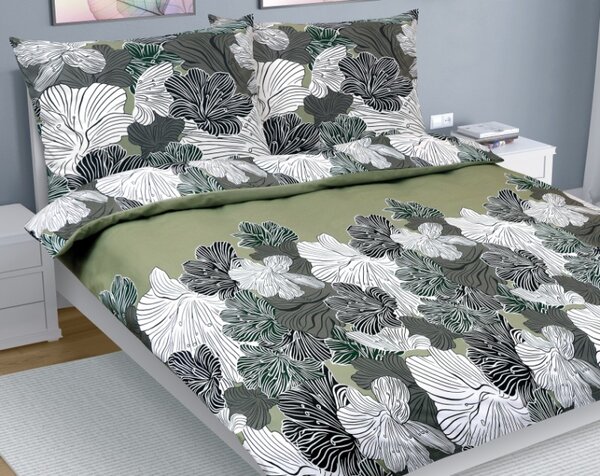 Bellatex Povlečení bavlna na dvoudeku Květ khaki zelená rozměr 1ks 180x200, 2ks 70x90 cm