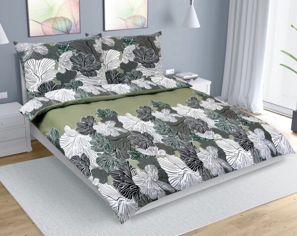 Bellatex Povlečení bavlna na dvoudeku Květ khaki zelená rozměr 1ks 180x200, 2ks 70x90 cm