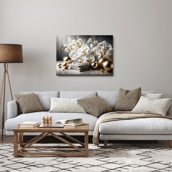 Skleněný obraz - Orchidej a zlaté koule (70x50 cm)
