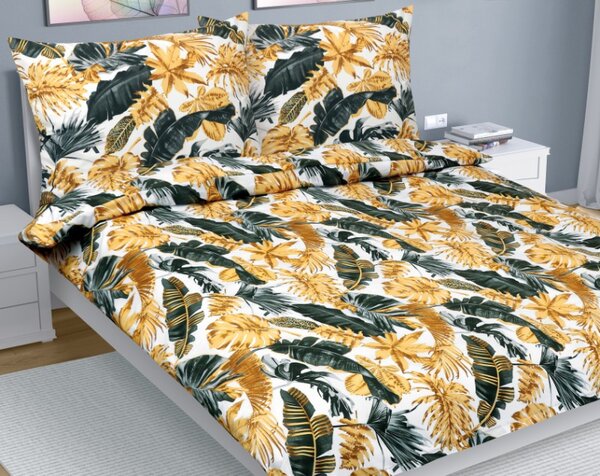 Bellatex Povlečení bavlna na dvoudeku Listy palmové zlatá, šedá, bílá rozměr 1ks 180x200, 2ks 70x90 cm