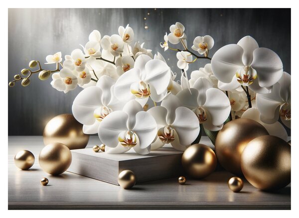 Skleněný obraz - Orchidej a zlaté koule (70x50 cm)
