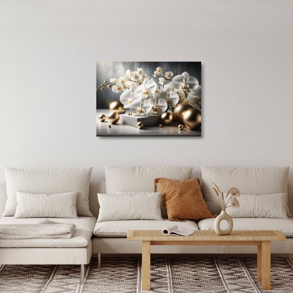 Skleněný obraz - Orchidej a zlaté koule (70x50 cm)
