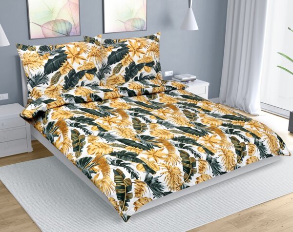 Bellatex Povlečení bavlna na dvoudeku Listy palmové zlatá, šedá, bílá rozměr 1ks 180x200, 2ks 70x90 cm