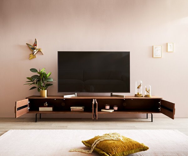 DELIFE TV stolek Fevo 220 cm akácie hnědá 4 dvířka L-podnož