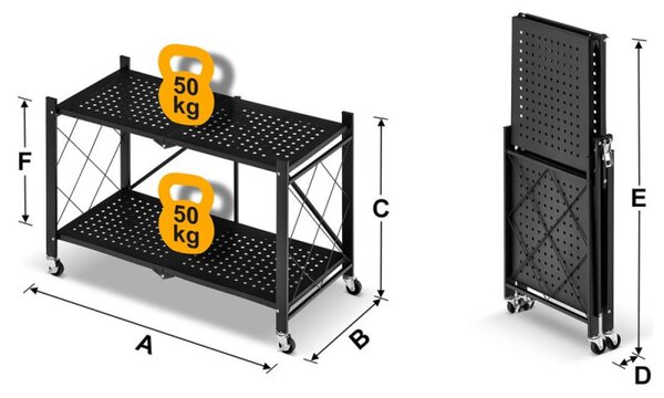 Kovový regál 70x35x50 cm 2 police lakovaný mobilní HIGHER CJ01-02