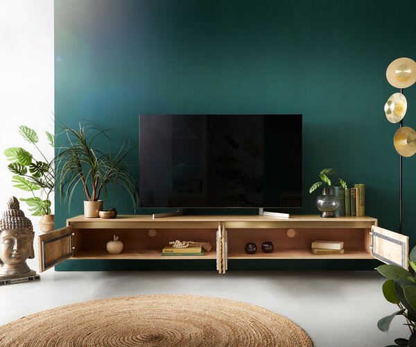 DELIFE TV stolek Budaya 220 cm mango přírodní 4 dvířka závěsný