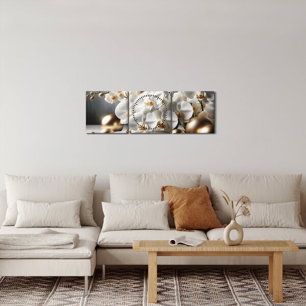 Obraz - Orchidej a zlaté koule (s hodinami) (90x30 cm)