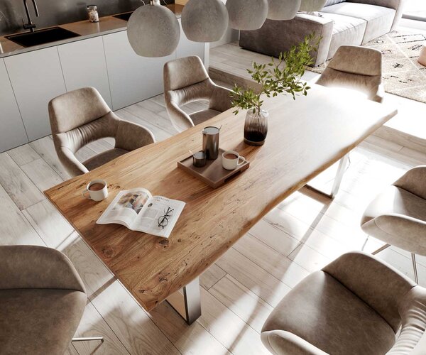 DELIFE Jídelní stůl Edge 240x100 cm akácie přírodní nerezová ocel úzký Live-Edge