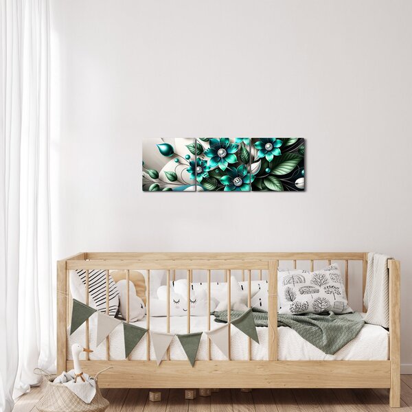 Obraz - 3D tyrkysové květy (s hodinami) (90x30 cm)