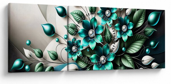 Obraz - 3D tyrkysové květy (s hodinami) (90x30 cm)