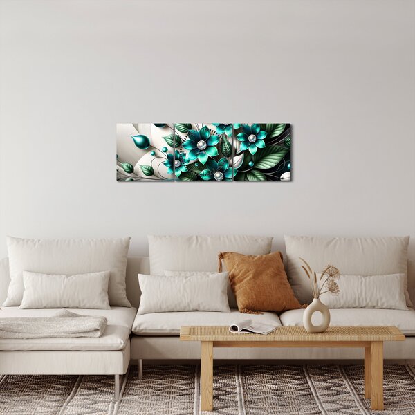 Obraz - 3D tyrkysové květy (s hodinami) (90x30 cm)