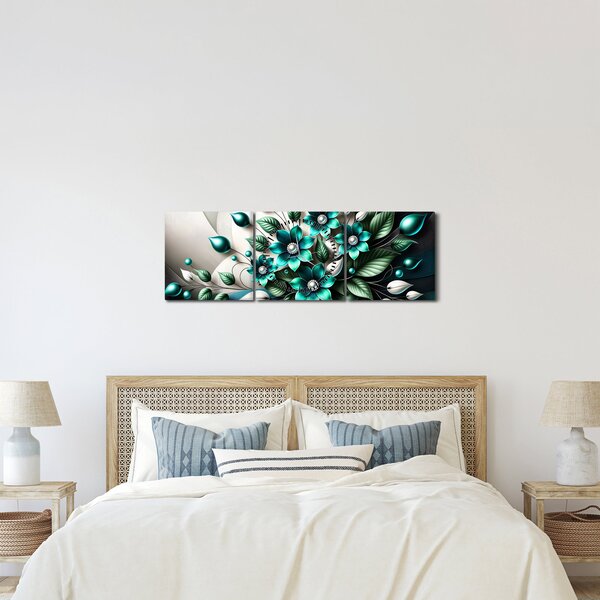 Obraz - 3D tyrkysové květy (s hodinami) (90x30 cm)