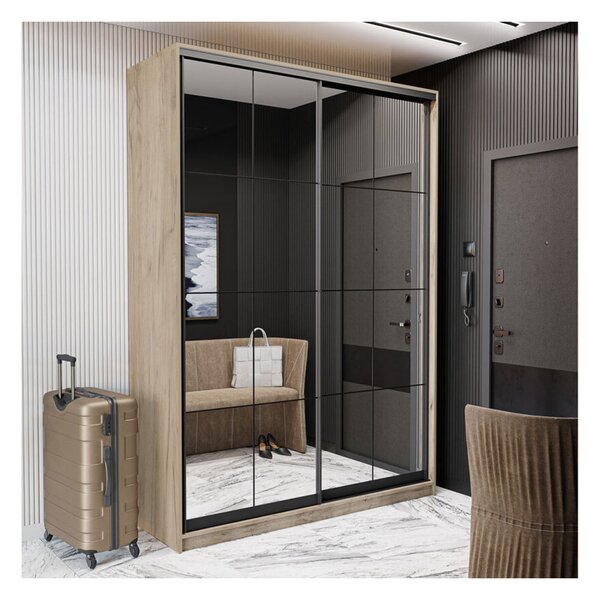 Skříň 2D Loft 1200x2400x600, 2 zrcadla Lines BL, Dub kraft šedý