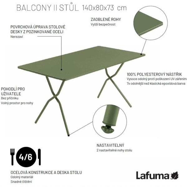 Sada BALCONY II – skládací stůl 140×80 cm + 6 ultra kompaktních židlí | ColorBlock zelená Moss