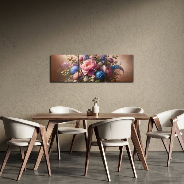 Obraz - Stůl plný květů (s hodinami) (90x30 cm)