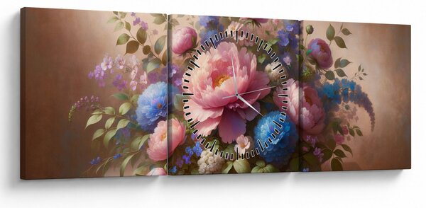 Obraz - Stůl plný květů (s hodinami) (90x30 cm)