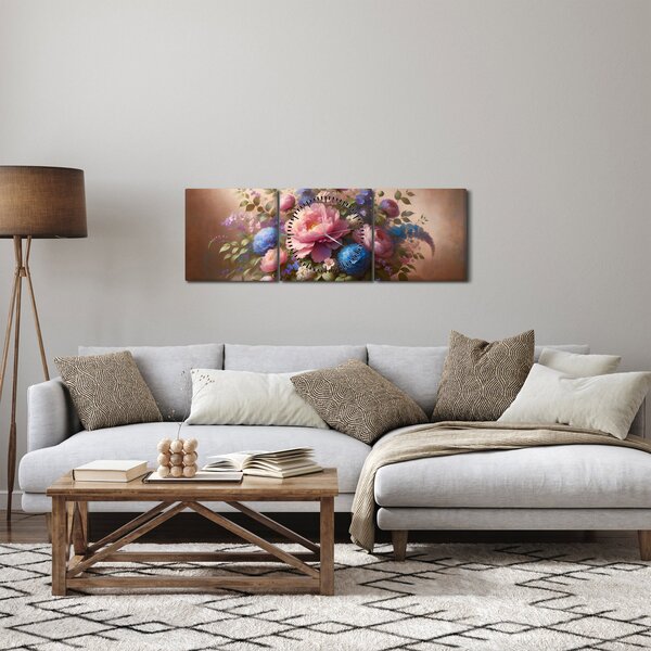 Obraz - Stůl plný květů (s hodinami) (90x30 cm)