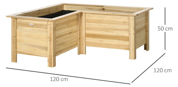 Outsunny rohový vyvýšený dřevěný záhon ve tvaru L s netkanou vložkou, venkovní záhon pro zeleninu a květiny, 120 × 120 × 50 cm, přírodní | Aosom