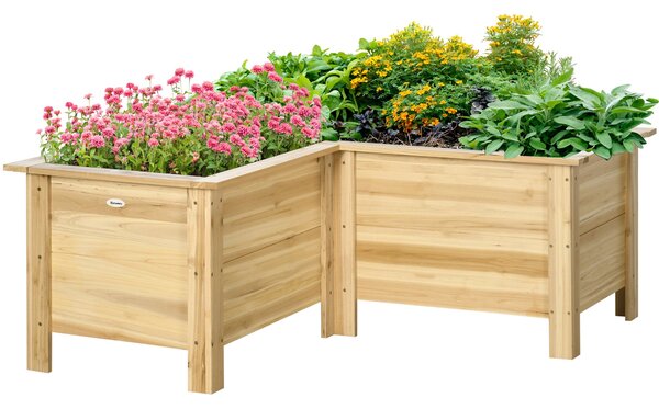 Outsunny rohový vyvýšený dřevěný záhon ve tvaru L s netkanou vložkou, venkovní záhon pro zeleninu a květiny, 120 × 120 × 50 cm, přírodní | Aosom