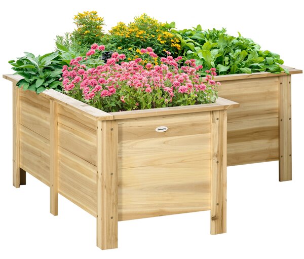 Outsunny rohový vyvýšený dřevěný záhon ve tvaru L s netkanou vložkou, venkovní záhon pro zeleninu a květiny, 120 × 120 × 50 cm, přírodní | Aosom